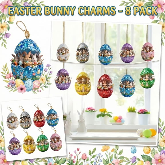 LingVibe 2D Wooden Easter Bunny and Egg Pendants 8Pcs - Spring Themed Hanging Ornaments for Door, Wall, Holiday Tree Decorations