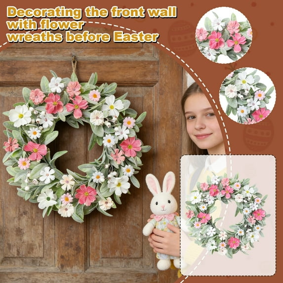 LingVibe 3D Easter Wreath with Bunny Ear Leaves & Chrysanthemums, Wall Decoration for Entrance, Indoor & Seasonal Home Decor