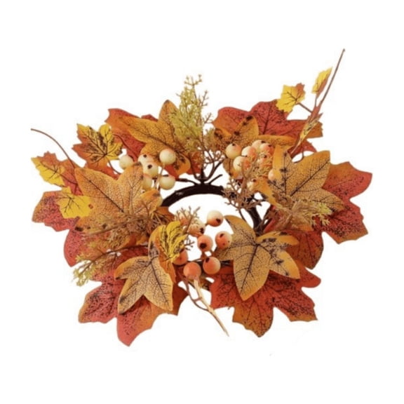 LingVibe Artificial Maple Leaves and Berries Candle Rings, Fall Candle Holders Small Wreath 9.8in, Farmhouse Thanksgiving Halloween Wedding Table Decor,orange