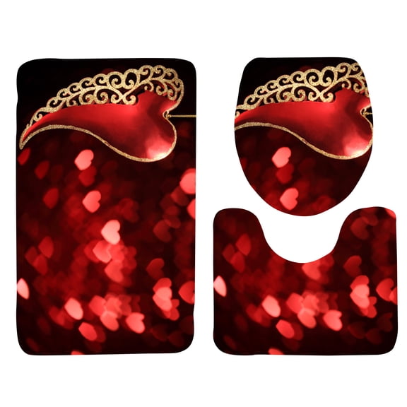 LingVibe Rose Petal Bath Mat Set 3-Piece, Absorbent Toilet Floor Mat & Contour Rug, Non-Slip Bathroom Carpet Set for Valentine's Day & Home Decor Upgrade,A