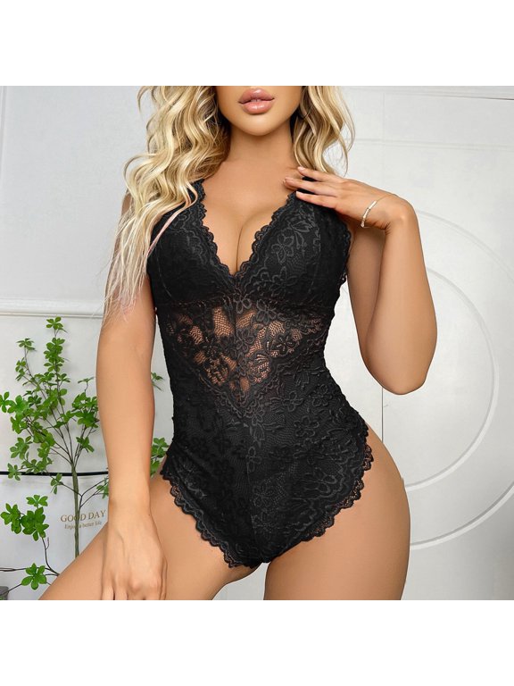 Lingerie Bodysuit Women's 1-Piece Floral Lace Deep V Neck Backless Teddy Bra Nightwear for Romantic Night Honeymoon Sexy Intimate Babydoll Outfit