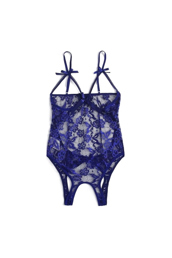 Lingerie Bodysuit for Women Bow Lace Hollow Open Crotch Teddy Backless Jumpsuit