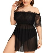 Lingerie Pajama Sets for Women Fashion Plus Size Lace Sheer Mesh Off-Shoulder Nightdress 1XL-4XL