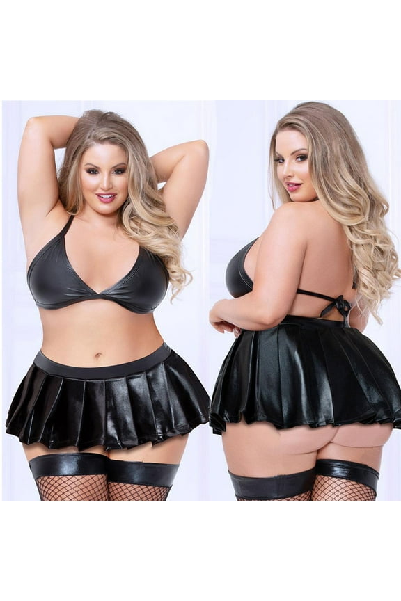 Lingerie Sets For Women Sexy Leather V-Neck Plus Size Backless Bra Underwear Mini Skirt Lingerie Set BLack XXXXL