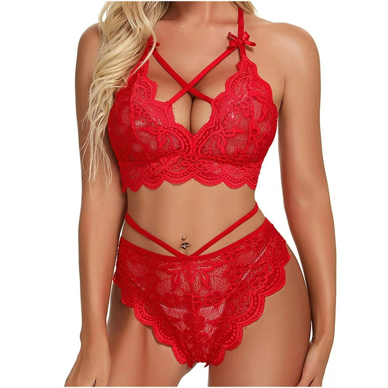 Red Mesh & Lace With Satin Bow Thong - Knickers