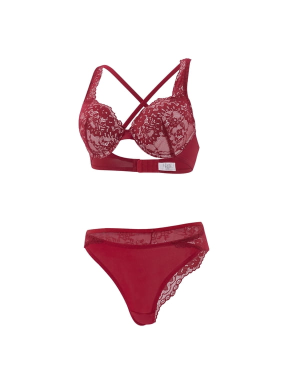 Lingerie Sets for Women, Deep Red Lace Christmas Set, Adjustable Deep V Bra with G String, Festive Holiday Lingerie