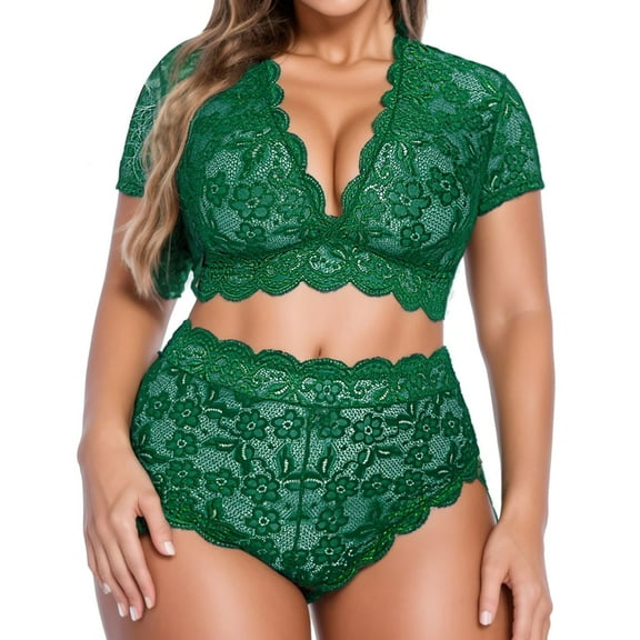 Lingerie Sets for Women,Lingerie Set Plus Size V Neck High Waist Floral Lace Bra for Comfort,Women's Lingerie Sets,Z01 Green,XL