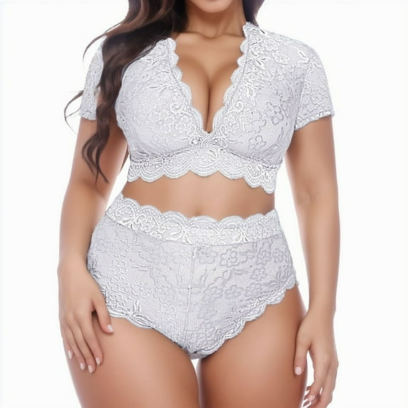 Lingerie Sets for Women,Lingerie Set Plus Size V Neck High Waist Floral Lace Bra for Comfort,Women's Lingerie Sets,Z01 White,4XL