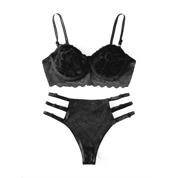 Lingerie Sets for Women New Fashion Lace Lingerie Underwear Sleepwear Steel Ring Pajamas Garter Bra Set, Color:Black, Size:L