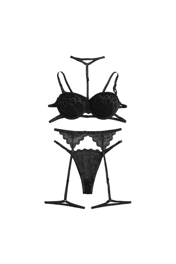 Lingerie Sets for Women New Fashion Lace Lingerie Underwear Sleepwear Steel Ring Pajamas Garter Bra Set, Color:Black, Size:M