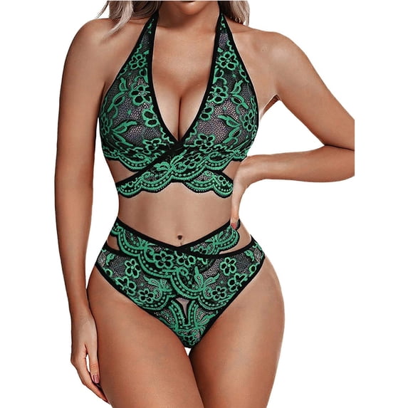 Lingerie Sets for Women Fashion Lace Sleepwear Halter Neck Bra and High Waisted Panty Pajamas Garter Bra Set,Green,3XL