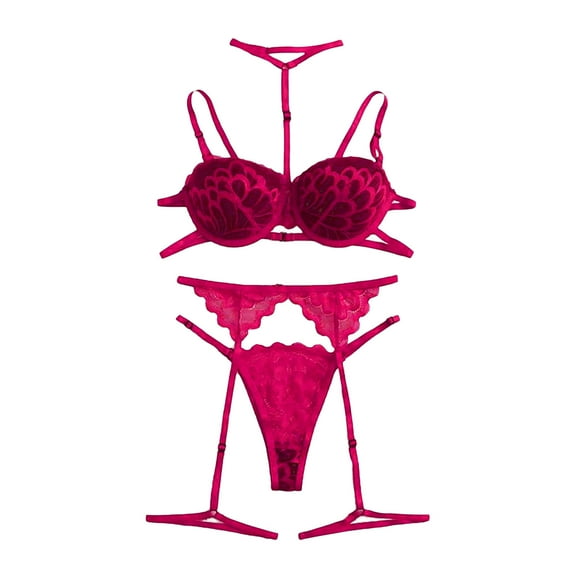 Lingerie Sets for Women New Fashion Lace Lingerie Underwear Sleepwear Steel Ring Pajamas Garter Bra Set, Color:Hot Pink, Size:L