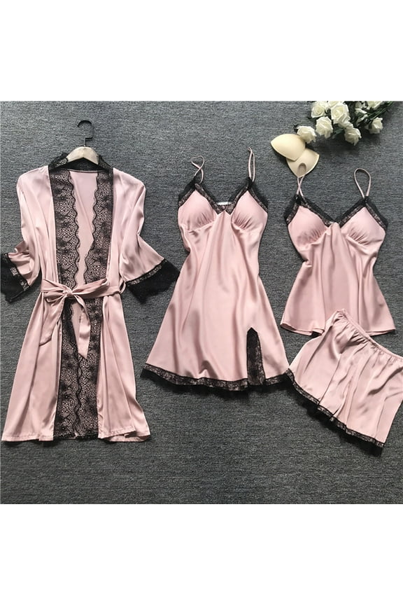 Lingerie Sleepwear Women Lace Robe Dress Set Pajamas Nightdress Silk, Open-Back Chemise with Thigh High Stockings, Push-Up Corset with Lace Detailing, See-Through Negligee for Role Play Scenarios