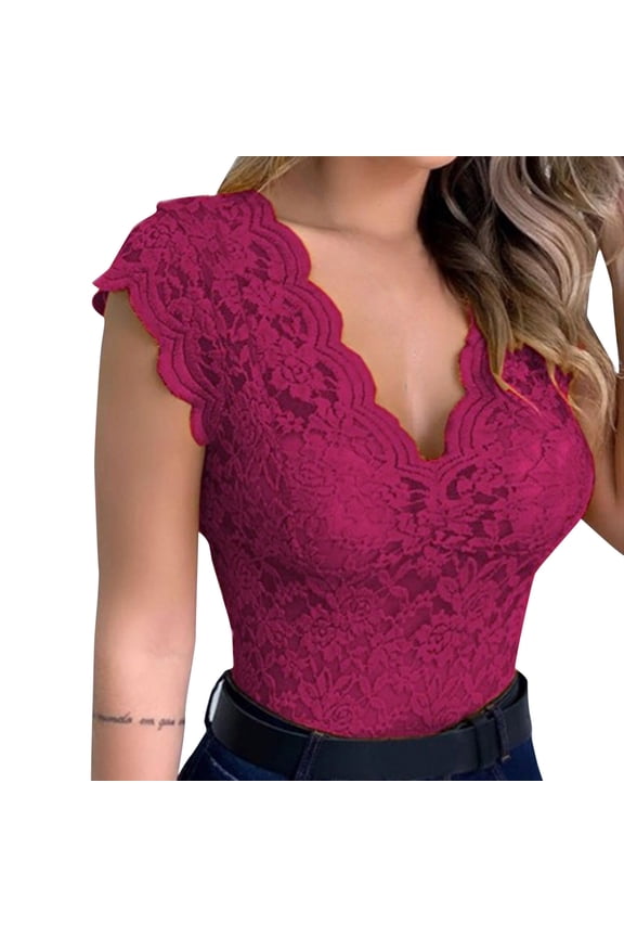 for Women Top for Women See-Through Lace Shirt with Plunging Neckline Slim Fit Casual V-Neck Lace Camisole Plus Size Short Sleeve Temperament Trim L