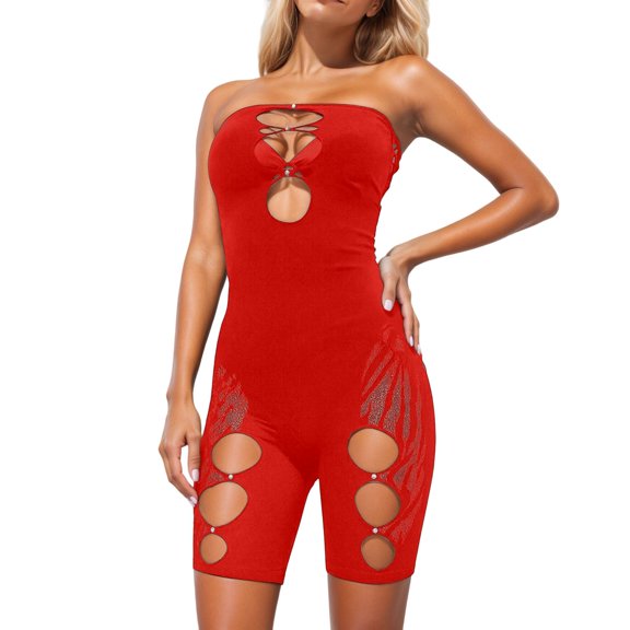 Lingerie for Women All-Season Mesh Bodysuit with Rhinestone Leopard Print for Home Leisure and Comfort Red One Size