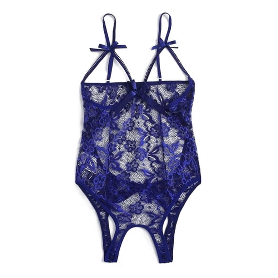 Lingerie for Women Apparel Bodysuit for Women Crotchless Backless Teddy Jumpsuit with Hollow Lace Bow Open Design Blue XXL