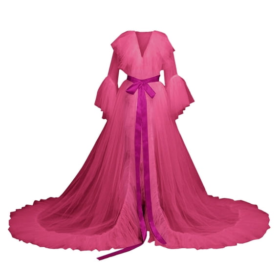 Lingerie for Women Apparel Long Nightgown Robe for Women Elegant Bridal Sleepwear Lace Bathrobe Fashionable Hot Pink One Size