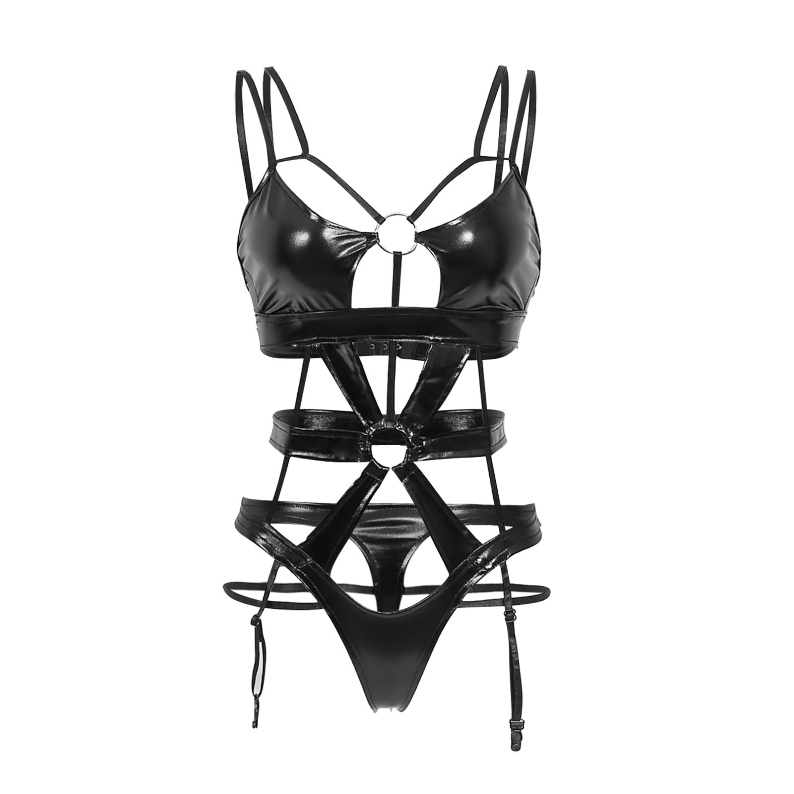 Lingerie for Women Black Matal Ring Leather Bodysuit Lace Up Set with ...