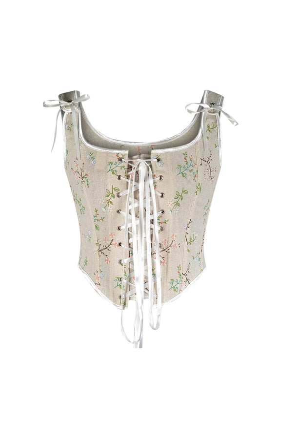 Lingerie for Women Bodice Top for Women Elegant Bustier Corset with Zipper Eyelets Lace Up Floral Print Crop Top Party Clubwear White M