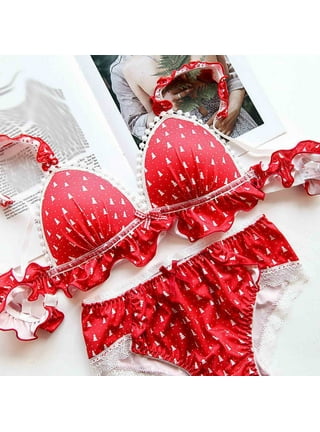 JeashCHAT Sexy Lingerie for Women Fashion Red Lace Sexy Lingerie Hollow Out  Underwear Three Point Set