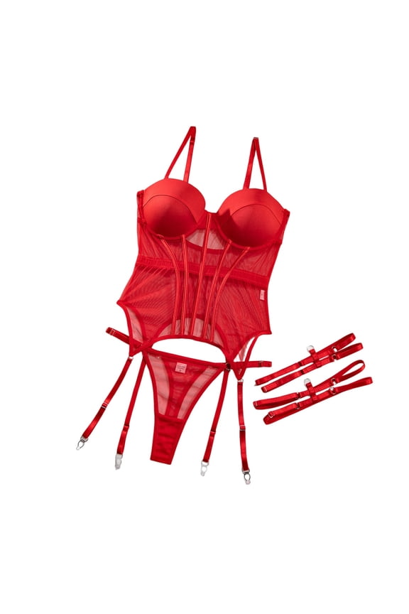 Lingerie for Women Elegant Lace Mesh Bodysuit with Floral Embroidery and Chain Links Garter Teddy for Women Red M