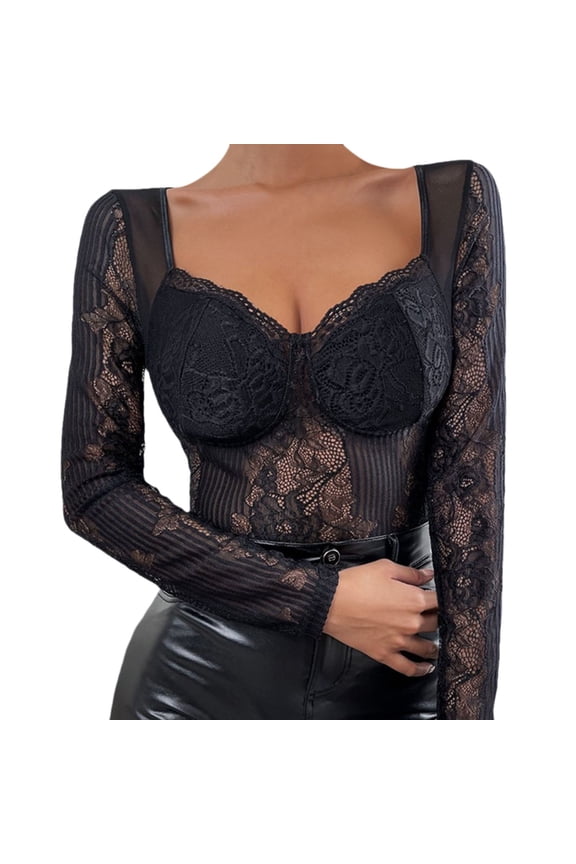 Lingerie for Women Elegant See-Through Ruffle Vest Long Sleeve Corset Bodice for Women Black L