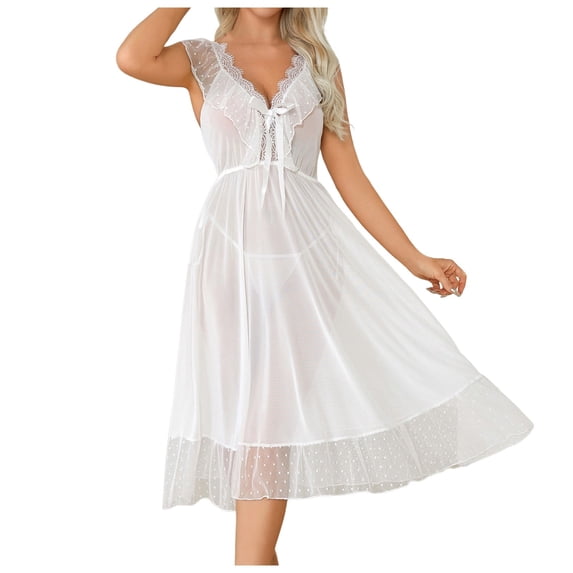 Lingerie for Women Fashion Lace Nightwear with Chiffon Mesh Sheer Nightdress for and Sleep White M
