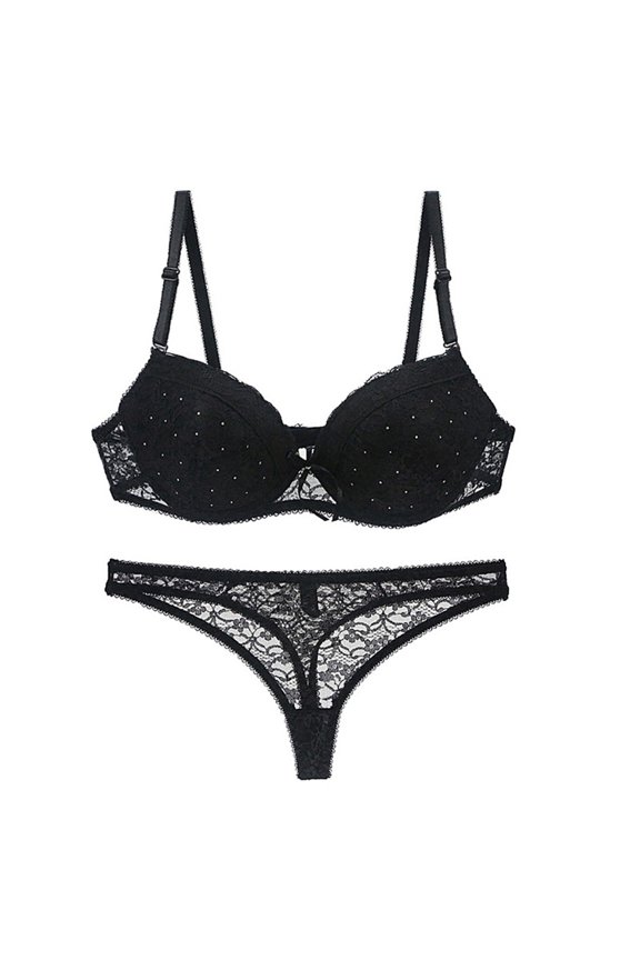 Lingerie for Women Fashionable Lace Bra Set with Decorative Drill Details for Women Elegant Underwear Ensemble Black 85C