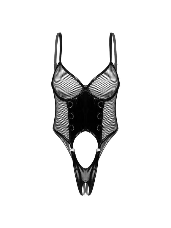 Lingerie for Women Fishnet Black Leather Splice Bodysuit Mesh Teddy Backless Nightgowns