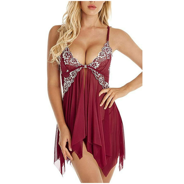  Lingerie For Women Lace Babydoll Dress Bridal Langerie  Negligee V Neck Wine Red