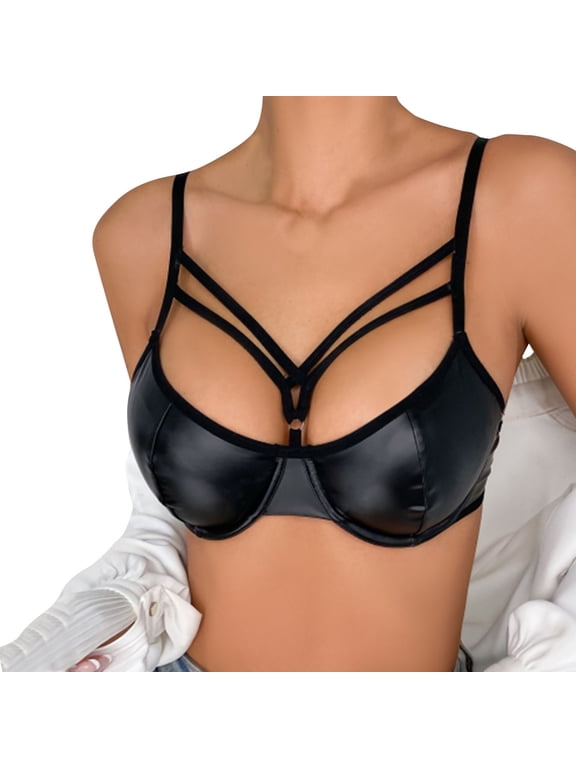 Lingerie for Women Nightwear PU Leather Buckle Strappy Cut Out Bra Push Up Bralette Breathable Babydoll Underwear