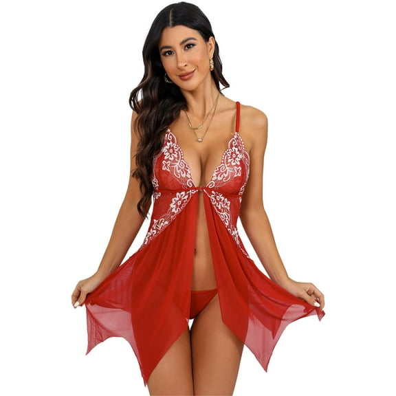 Lingerie for Women, PUTUO Front Closure Womens Lingerie, Lace V Neck Sexy Lingerie Bridal Babydoll Chemise