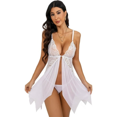 Lingerie for Women, PUTUO Front Closure Womens Lingerie, Lace V Neck Sexy Lingerie Bridal Babydoll Chemise