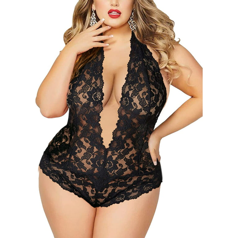Lingerie for Women Plus Size, Sexy Open Back Halter Plunging Teddy One  Piece Scalloped Trim Lace Bodysuit 