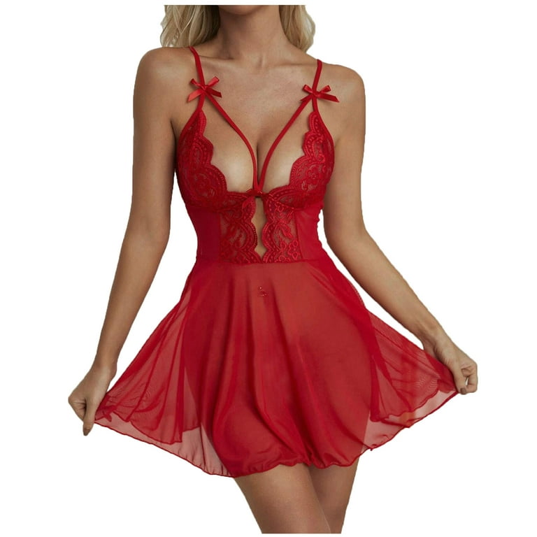 Lingerie for Women Sexy Naughty Push Up Bra Bow Tie Mesh Lace Erotic  Suspender Nightgown See-Through Nightgown