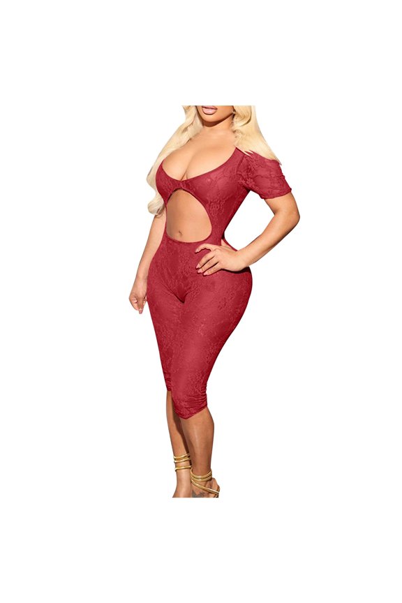 Lingerie for Women Women’s Mesh Lace Jumpsuit Bodycon Short Sleeve See Through Backless U Neck Cut Out Club Romper Red L