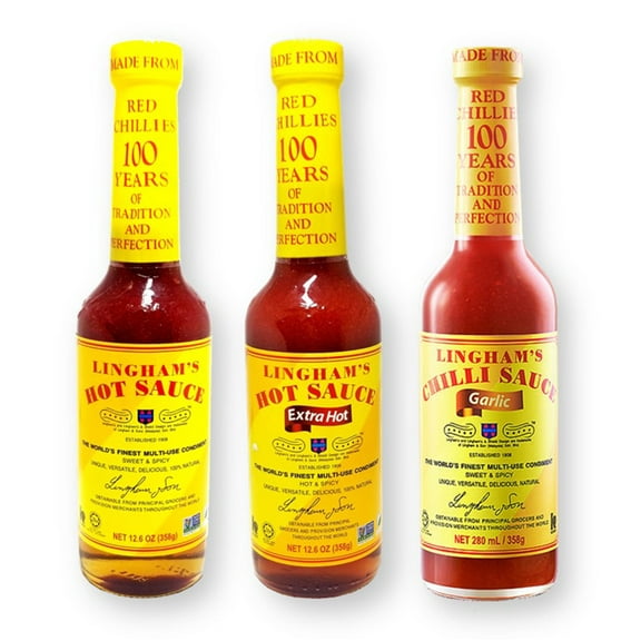 Lingham's Hot Sauce 3 Varieties: Original, Extra Hot, Garlic 12.6 Fl. Oz. Each (Pack of 3)