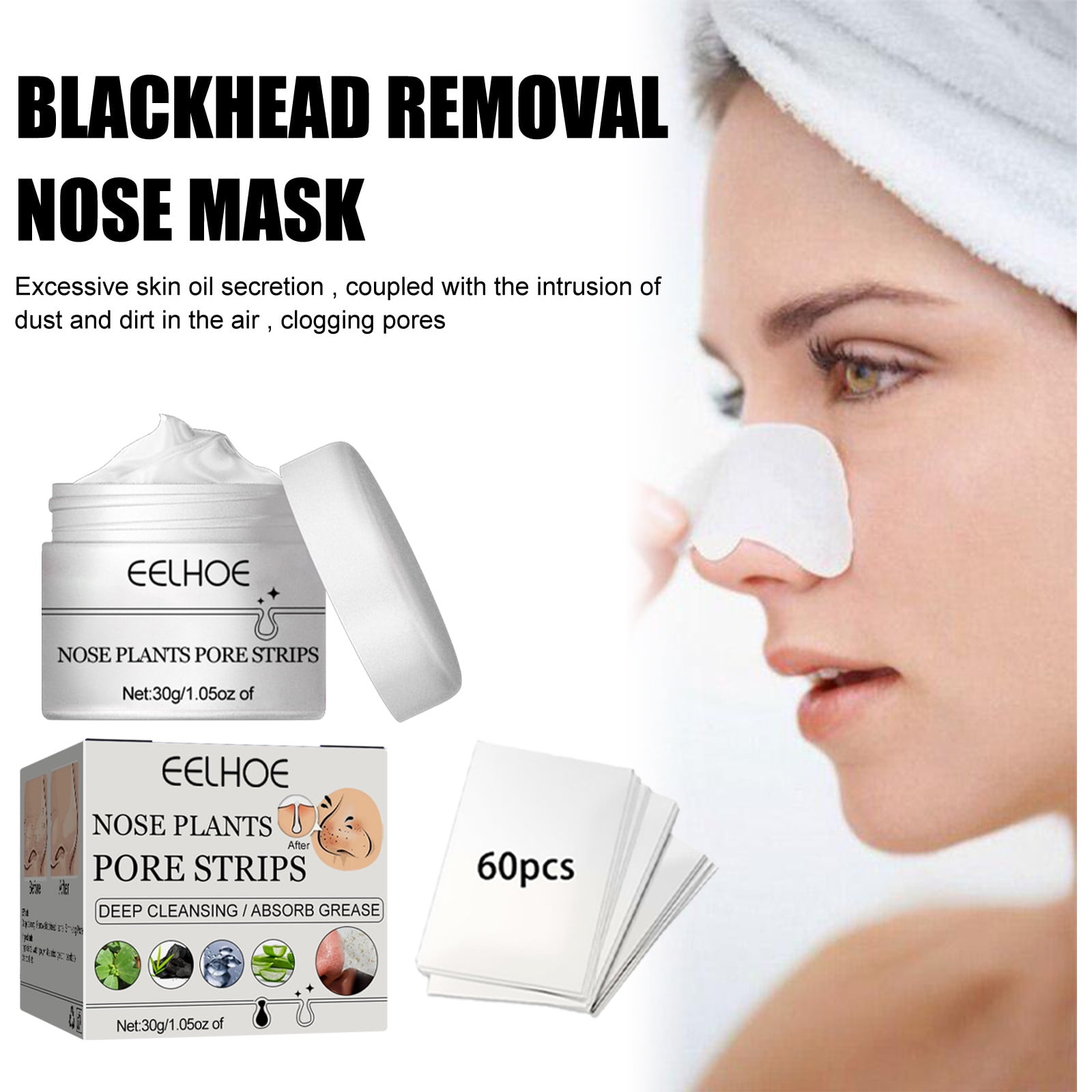 Lingouzi Blackhead Remover Mask With 60pcs Paper Pore Nose Strips Peel Off Mask T Zone Care 7030