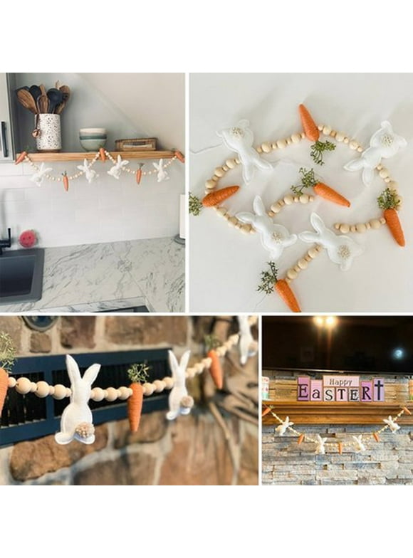 Lingouzi Easter Bunny Carrot Garland, Felt Garland With Wooden Beads For Festive Ornament Easter Banner Hanging Decorations