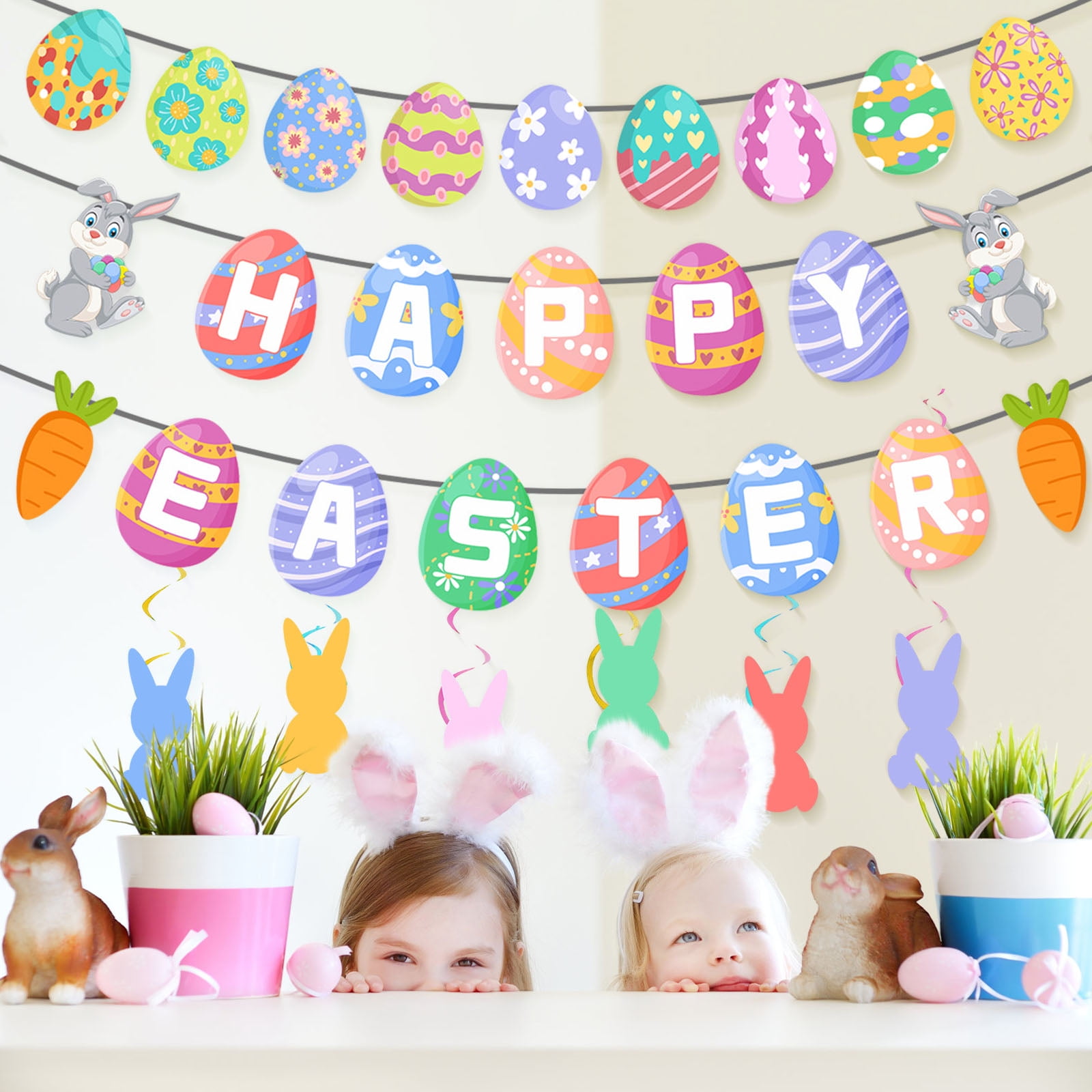 Lingouzi Easter Bunny Carrot Garland, Felt Garland With Wooden Beads ...
