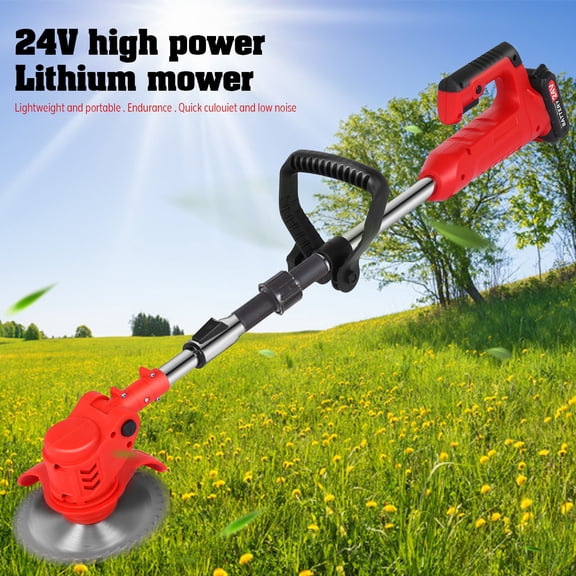 Lingouzi Cordless Brush Cutter / Weed Wacker 24V with 3 Types Blades 80° Rotatable Handle Adjustable Rod Length for Garden Yard Lawn Trimming/Pruning, Charger