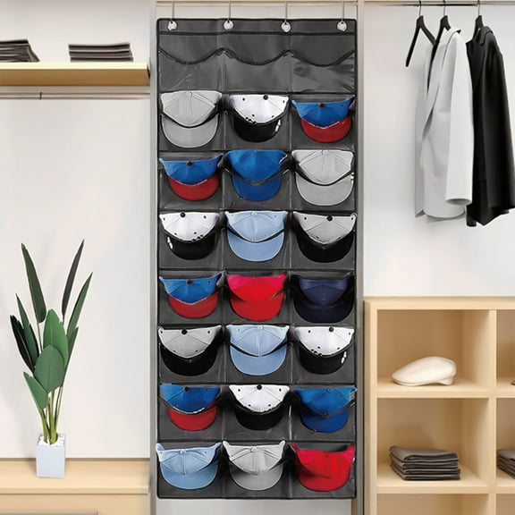Lingouzi Hat Rack For Baseball Caps, Hat Organizer Rack For Wall or Door Maintain Curvature with 24 Clear Deep Pockets, Hat Holder For Caps Storage & Display