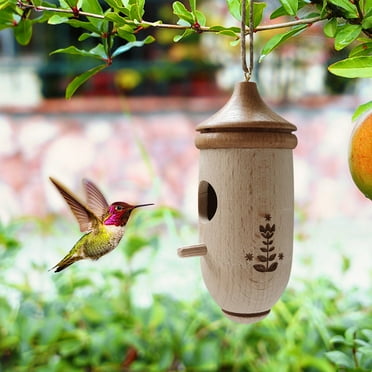 Lingouzi Hummingbird House Outdoor Hanging Wooden Bird Feeder Wooden Hummingbird House