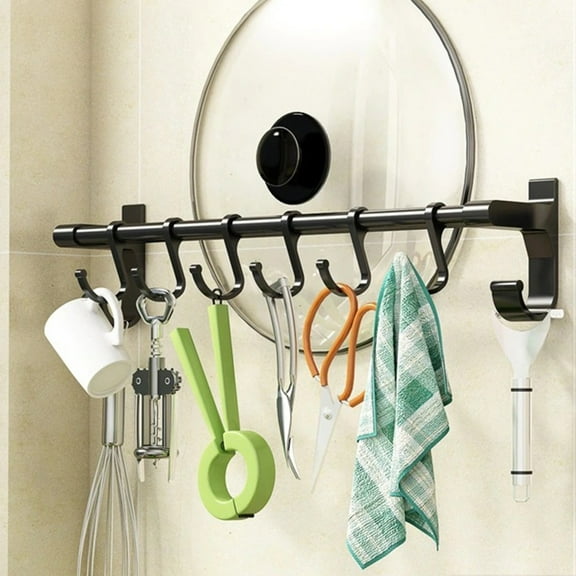 Lingouzi Kitchen Utensil Rack With Slidable S Hooks For Hanging Pots And Pans, Rod Hooks For Mugs, Wall Mounted Kitchen Rail Organizer, Can Put Knives, Nail-Free Storage