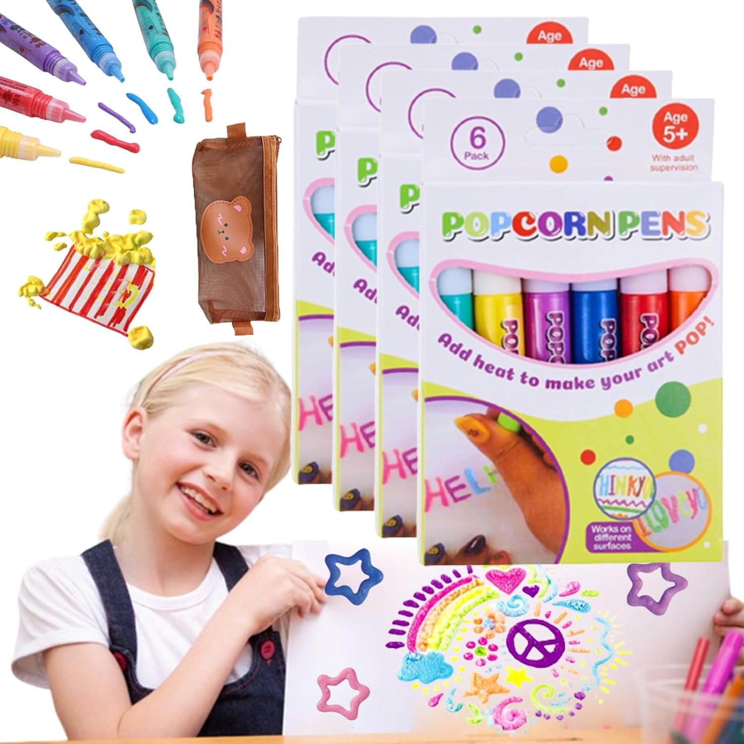 Lingouzi Popcorn Pens, Magic Puffy Pens, DIY Bubble Popcorn Drawing Pens, Popcorn Color Markers, Magic Pen for Kids Birthday Christmas Gift, Size: 10