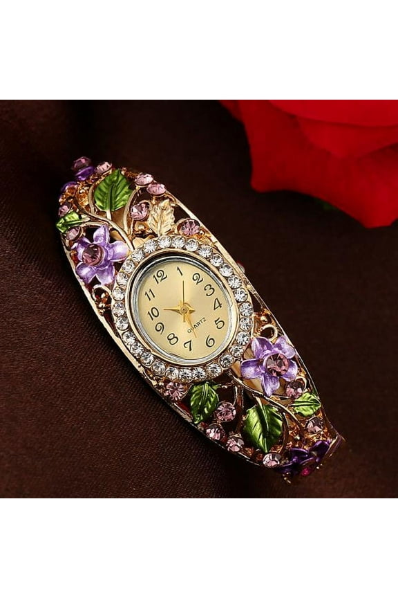 Women Bangle Crystal Flower Bracelet Quartz Watch Wristwatch PP