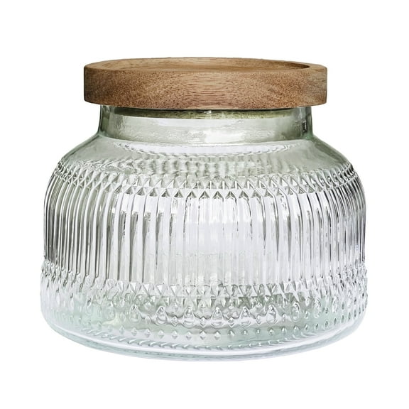 Lingshine 24.5 oz Decorative Glass Jars with Airtight Wooden Lids - Clear Ribbed, Vintage Kitchen Food Storage Containers for Cookie Candy Spice Coffee Tea, Home Decor Candle Vase