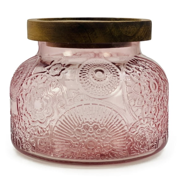 Lingshine 40 oz Decorative Glass Jar with Airtight Wooden Lid - Pink Flower, Vintage Kitchen Food Storage Container, Home Decor, Candle Holder, Vase