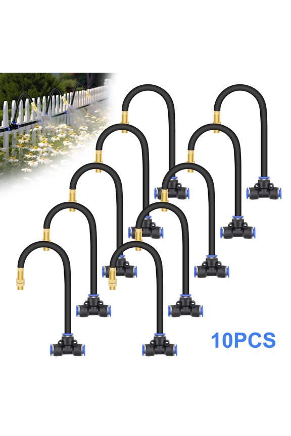 10pcs Brass Misting Nozzles Tee with 8.3" Built in Hose, 360 Degree Rotation Adjustable Water Mister Nozzle Thread Sprayer, Patio Misting Nozzles Kits
