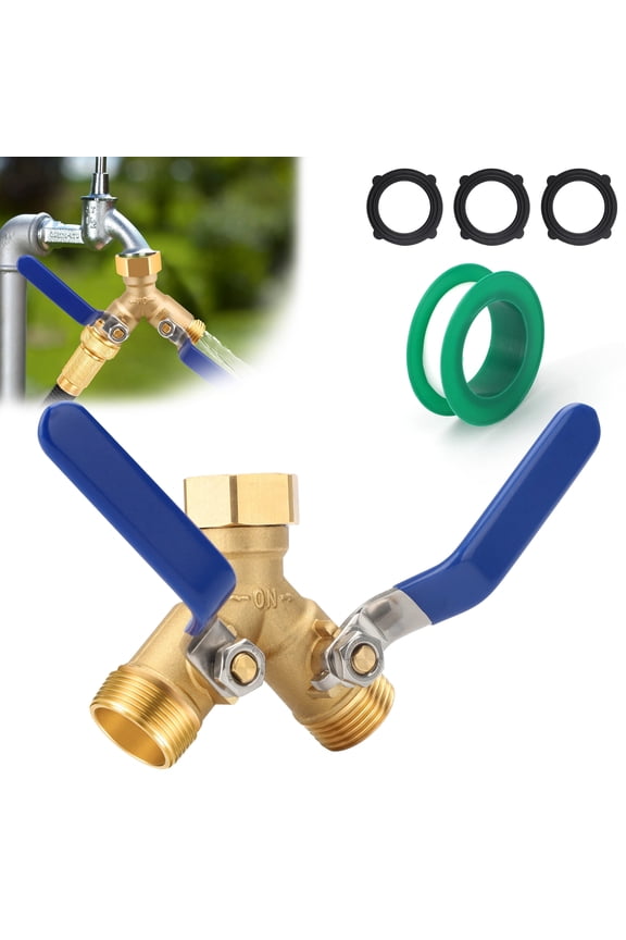2 Way Heavy Duty Brass Garden Hose Splitter, Full Flow Y Valve Hose Splitter Connector With Long Handle, 3/4" GHT Thread